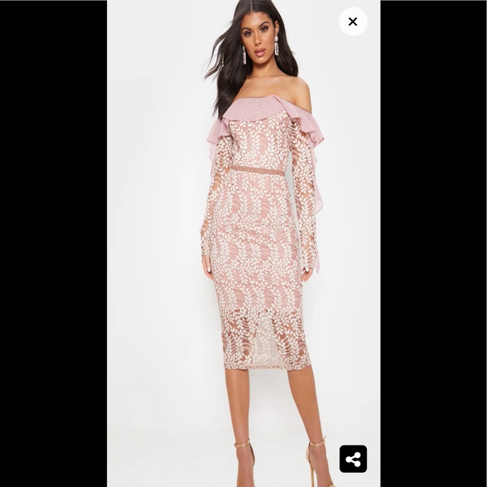 Dusty Pink Bardot Lace Frill Sleeve Midi Dress